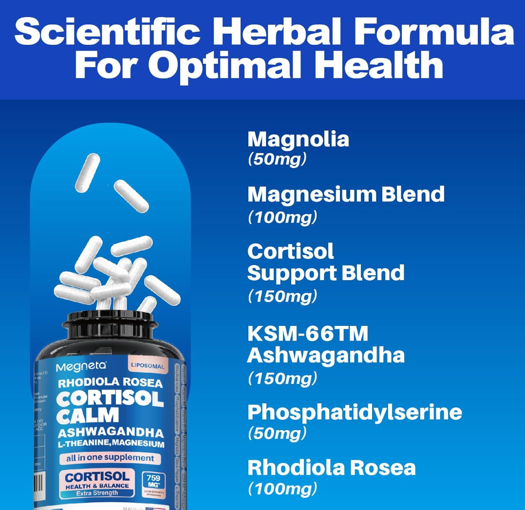 Suplemento Cortisol Calm – Fórmula 16 en 1 con Ashwagandha, Magnesio, L-Teanina & Rhodiola Rosea (60 Cápsulas)