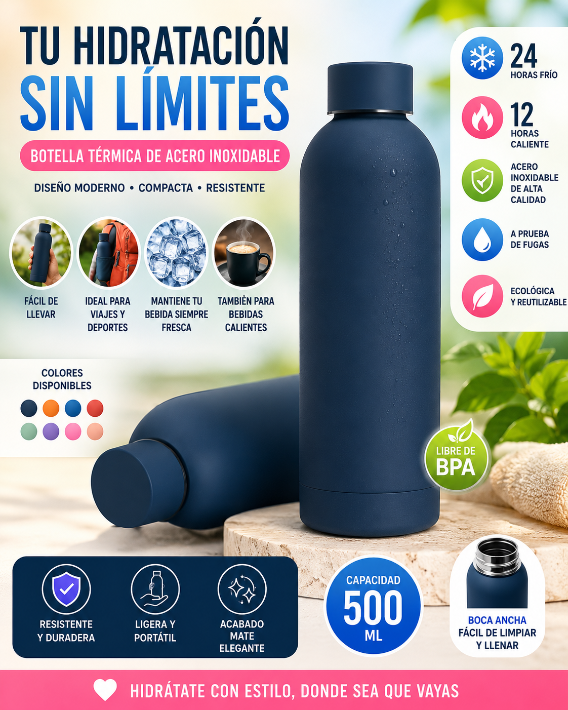 Botella Térmica Inoxidable de Precisión 500ml – Aislamiento 24h & Tapa Hermética
