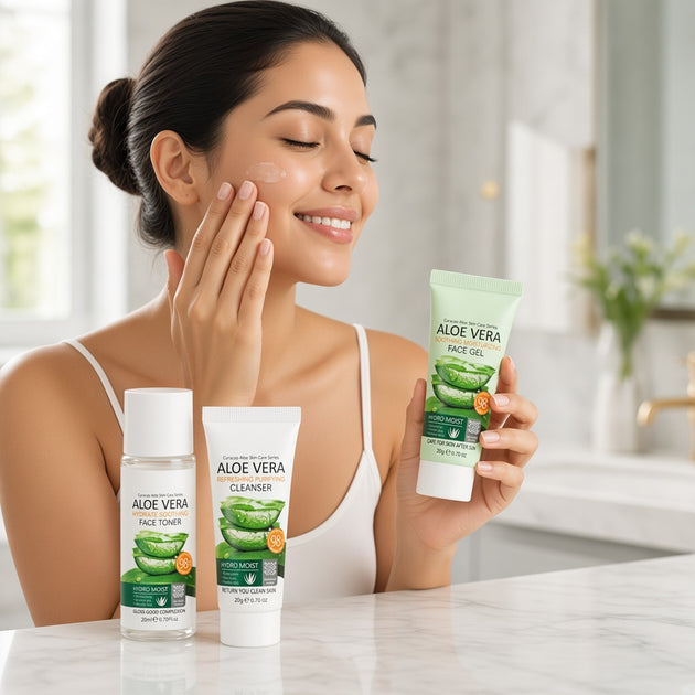 Mujer aplicando el gel facial de aloe vera después de su rutina